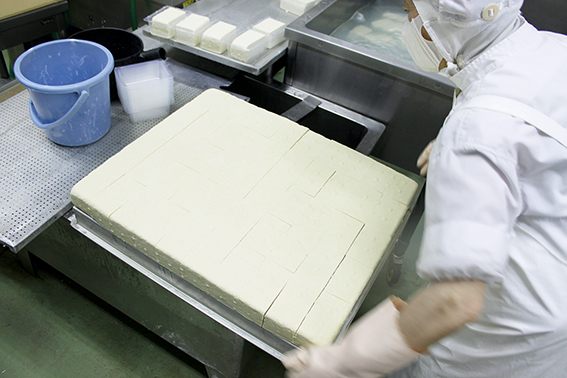 豆腐をカットするスタッフ